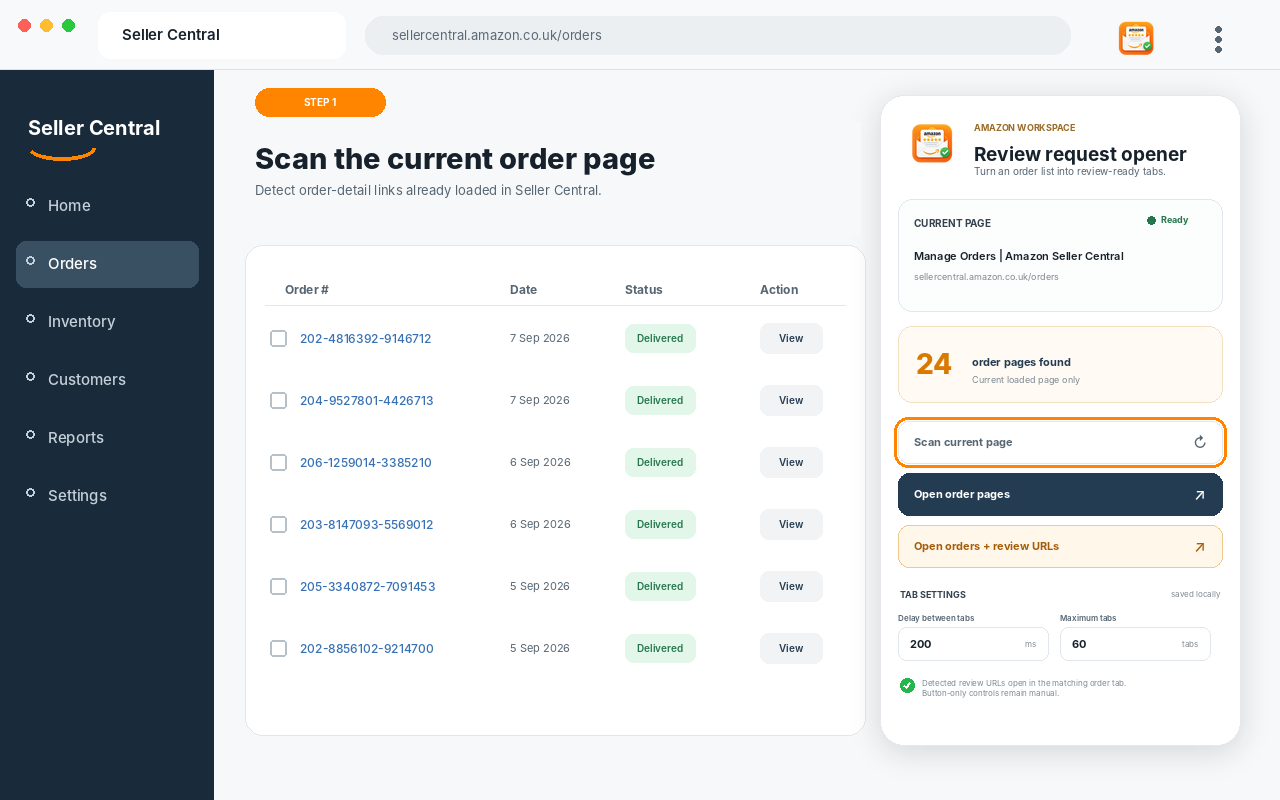 Easy Open Amazon Review Request scanning the currently loaded Seller Central order list