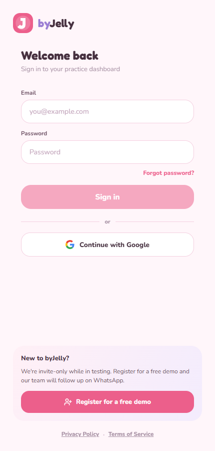 byJelly practice dashboard sign-in screen
