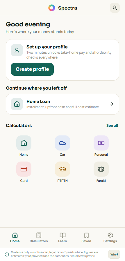 Spectra Calculator app screenshot — home screen with loan calculators
